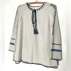 Lisa Todd Grey White Striped 3/4 Sleeve Cotton Sweater. Blue Embroidery. Small